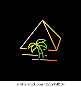 Egyptian Pyramid and Palm Tree vector concept linear colorful icon on dark background