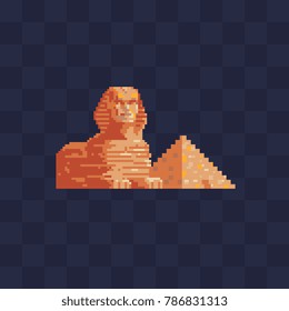 Egyptian pyramid and Sphinx. Symbols of Cairo. Pixel art style icon. Famous monument of Egypt. 8-bit. Knitting design. Vacation time, trip. Isolated vector illustration. 