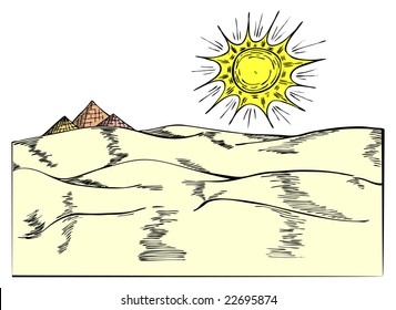 Egyptian pyramides on desert in vector illustration