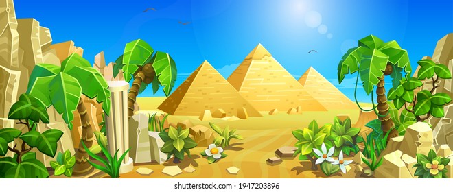 Egyptian pyramids among the sands. Desert landscape with palm trees and tropical plants. 