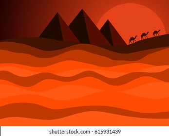 Egyptian pyramids of ancient Egypt. Desert landscape with a caravan of camels in the background of the sun. Vector illustration