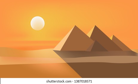 egyptian pyramids and beautiful orange sunset. vector desert illustration