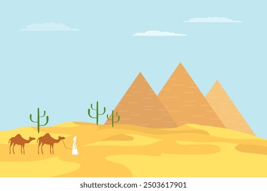 Egyptian pyramids. Bedouin with camels on the background of Egyptian pyramids. Egyptian pyramids on the background of sky and sun. Vector, cartoon illustration. Vector.