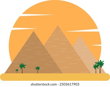 Ägyptische Pyramiden. Beduine mit Kamelen auf dem Hintergrund ägyptischer Pyramiden. Ägyptische Pyramiden auf dem Hintergrund von Himmel und Sonne. Vektorgrafik, Zeichentrickgrafik. Vektor.