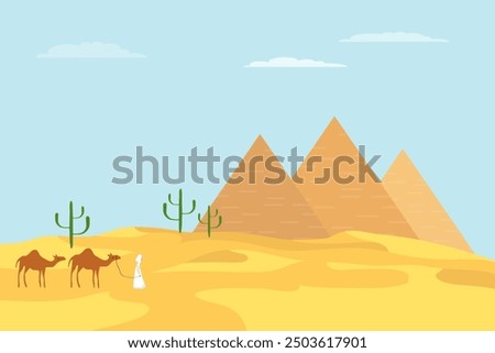 Egyptian pyramids. Bedouin with camels on the background of Egyptian pyramids. Egyptian pyramids on the background of sky and sun. Vector, cartoon illustration. Vector.