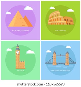 Egyptian Pyramids and Big Ben landmarks, London Tower Bridge, Italian Colosseum ancient amphitheatre for gladiators fights set vector illustration