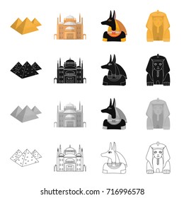 Egyptian pyramids, Cairo Palace, statue of Anubis, sculpture of the Sphinx. Ancient Egypt set collection icons in cartoon black monochrome outline style vector symbol stock illustration web.