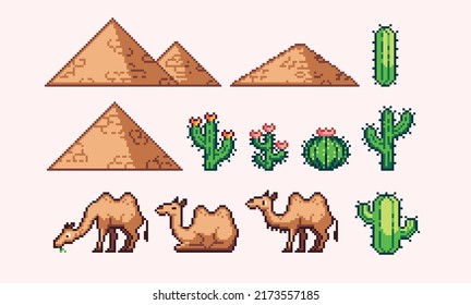 Egyptian pyramids, camel, cacti pixel art set. Sahara animals and trees collection. 8 bit sprite. Game development, mobile app.  Isolated vector illustration.