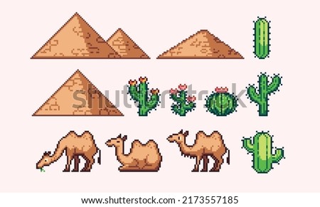 Egyptian pyramids, camel, cacti pixel art set. Sahara animals and trees collection. 8 bit sprite. Game development, mobile app.  Isolated vector illustration.