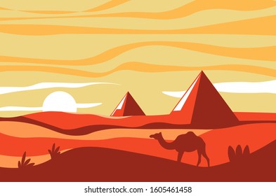 Egyptian pyramids and camel in desert, African landscape at sunset
