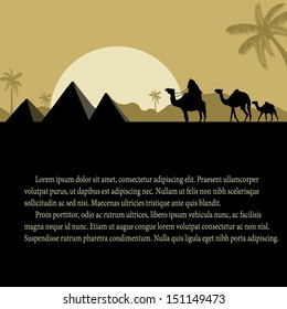 Egyptian pyramids with camels caravan at sunset with space for your text, vector illustration