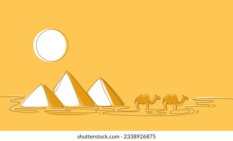 Egyptian pyramids and camels in one line. Banner with copy space. Vector stock illustration.