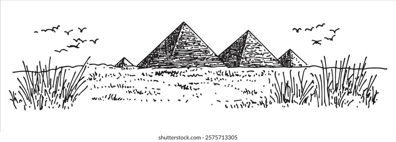 egyptian pyramids in desert with birds hand-drawn sketch doodle