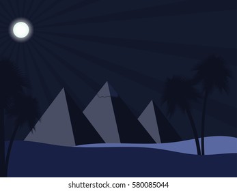 Egyptian pyramids in the desert. Full moon over the sands and palm trees. Ancient Egypt. Vector illustration