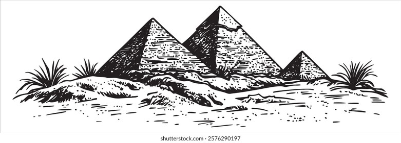 egyptian pyramids in desert landscape hand-drawn ink illustration