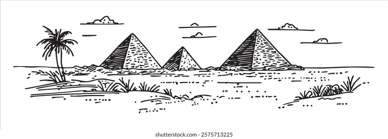 egyptian pyramids in desert with palm tree hand-drawn sketch doodle