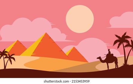 Egyptian pyramids in the desert. Panoramic view of Egyptian landscape. Man riding camel in the desert. Palm trees and sand dunes. Sunset in Sahara desert. Red sky