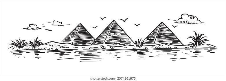 egyptian pyramids with desert and river hand-drawn illustration