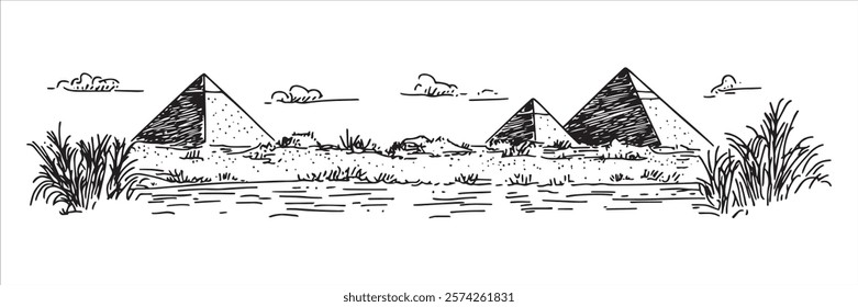 egyptian pyramids with desert and water landscape illustration