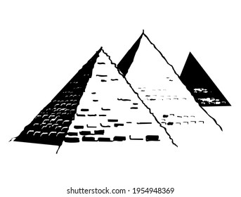 Egyptian pyramids of Egypt, famous tourist sight and attraction, archeology place, wonder of the world, vector, symbol, illustration in black and white color, isolated on white background