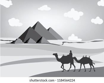 Egyptian pyramids. Giza Pyramids in desert black and white illustration. Camels walking by.