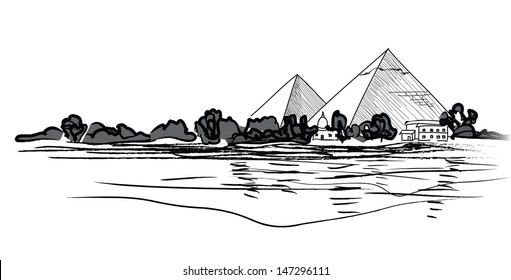 Egyptian Pyramids landscape. Travel riverback skyline view sketch.