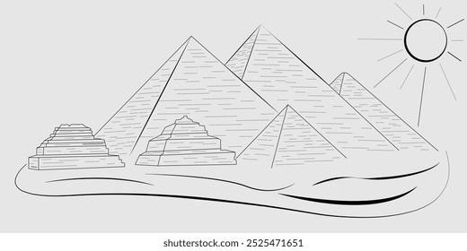 Egyptian Pyramids. Line Art Illustration. Holiday and History Concept.