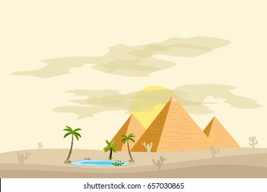 Egyptian pyramids, near an oasis with palm trees and water. Flat design, vector illustration, vector.