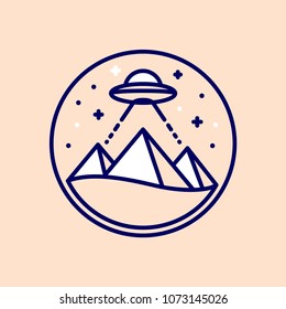 Egyptian Pyramids At Night With UFO Beam. Alien Built Pyramids Conspiracy Theory. Simple And Modern Line Icon Or Logo, Vector Illustraton.