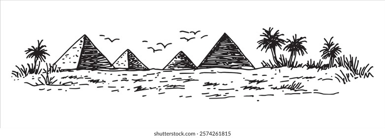 egyptian pyramids with palm trees and desert landscape illustration