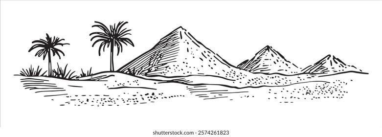 egyptian pyramids with palm trees in desert landscape illustration