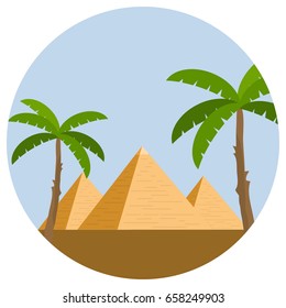 Egyptian pyramids with palm trees and desert against the blue sky. Flat design, vector illustration, vector.