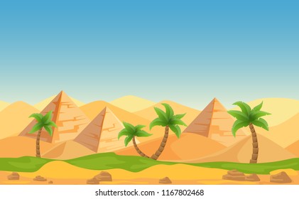 Egyptian pyramids with palms in desert landscape. Cartoon vector illustration.