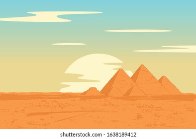 Egyptian pyramids Sahara desert landscape. Vector illustration in grunge style.