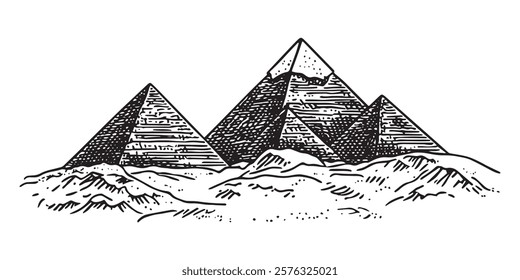 egyptian pyramids sketch with desert landscape in black outline