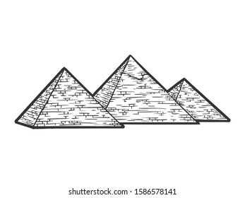 Egyptian pyramids sketch engraving vector illustration. T-shirt apparel print design. Scratch board style imitation. Black and white hand drawn image.