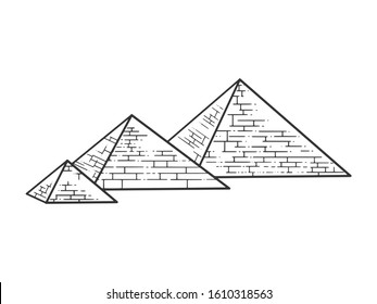 Egyptian pyramids sketch engraving vector illustration. T-shirt apparel print design. Scratch board style imitation. Black and white hand drawn image.
