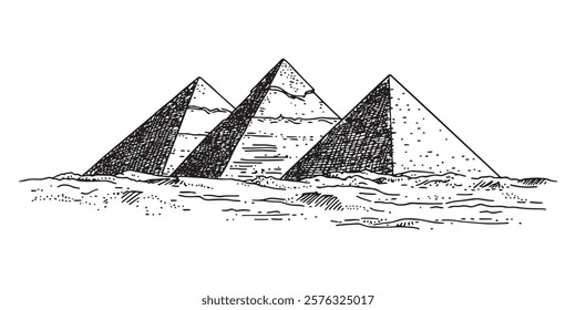 egyptian pyramids sketch on desert in black outline illustration