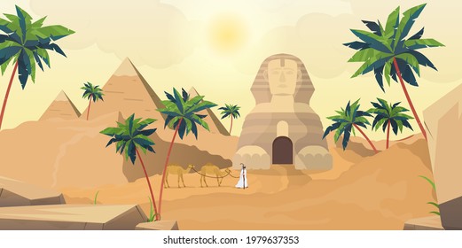 Egyptian pyramids and the Sphinx. Sahara desert in cartoon style. Vector illustration.