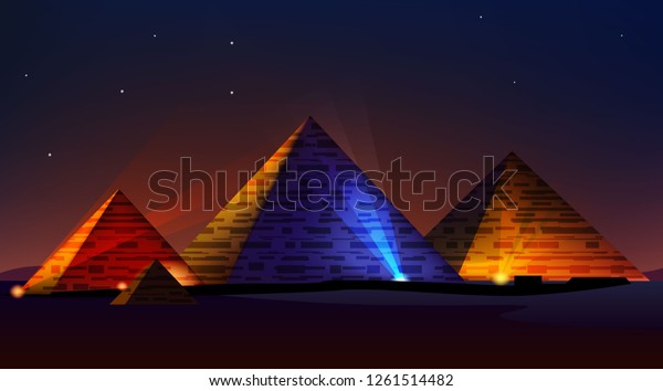 エジプトのピラミッドのスポットライト 夜景 カラフルなライト 写実的なベクターイラスト のベクター画像素材 ロイヤリティフリー