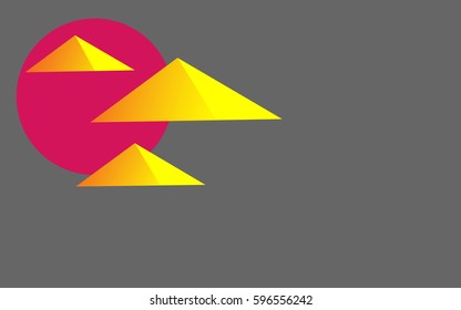 Egyptian pyramids three objects 3d, pink sun on a gray background, vector horizontal symbolic. You can use for business cards, posters, invitations to tourism, travel, geography, history