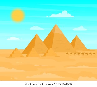 Egyptian Pyramids Travel and Tourism Concept on a Desert Landscape Background Scene Flat Design. Vector illustration