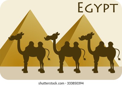 Egyptian pyramids with two hum camel caravan in desert. symbol of egypt, middle east, arabia... vector art image illustration. group of three camel silhouette and two piramid - cartoon design, eps10