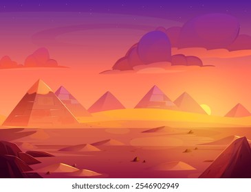 Egyptian pyramids under pink gradient sunset sky with fluffy clouds. Desert landscape with sand dunes and stones. Golden sunlight illuminates ancient civilization historical architecture structures.