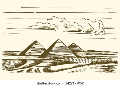 Egyptian Pyramids Vector. Pyramids in Cairo (Egypt) vintage engraved illustration, hand drawn