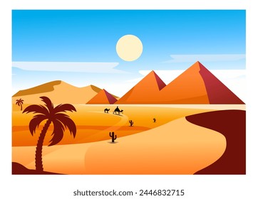 Ägyptische Pyramiden Vektorillustration. Ägyptisches Konzept, klarer Himmelshintergrund, Landschaft, geeignet für Wanddekorationen, Kulissen, Werbung, Etiketten, Kleidung Siebdruck, Abdeckungen, Banner. 