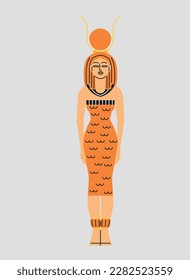 Egyptian queen Cleopatra concept. Young beautiful woman in orange dress with sun on her head. Ancient Egyptian mythology and history. Culture and traditions. Cartoon flat vector illustration