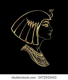 Egyptian queen Cleopatra isolated on white background. Queen of Egypt, was one of the most famous women in history. Hand-drawn vintage vector outline illustration in gold over black. Egyptian sacred