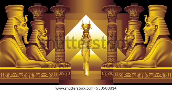 Египетская королева и четыре сфинкса на черном фоне