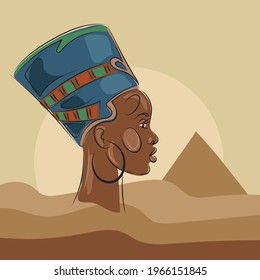 Egyptian Queen Nefertiti in African style. Portrait of an African woman in profile against the background of the desert and the pyramid.